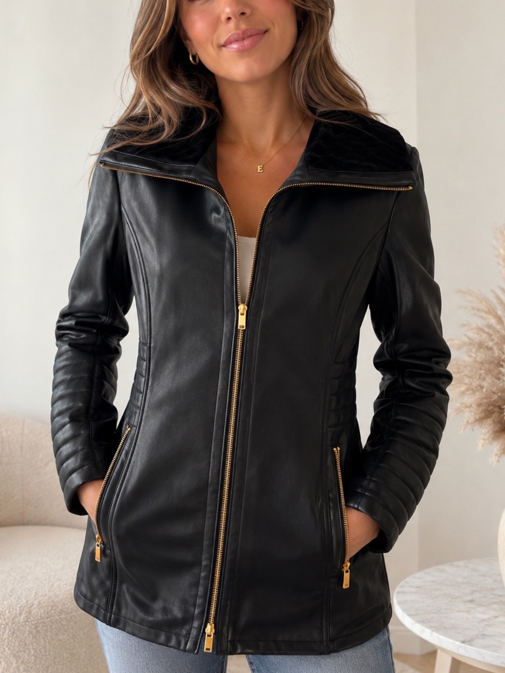 Badgley Mischka Black Leather Zip-Front Jacket with Gold Hardware